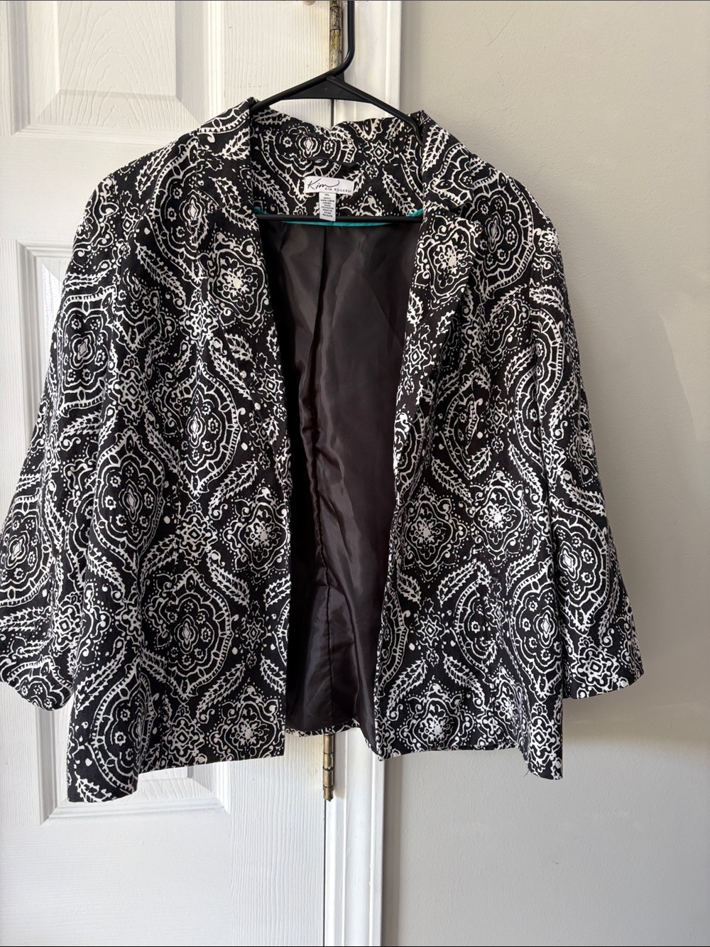 Kim Rogers Black and White Patterned Open Front Blazer Jacket